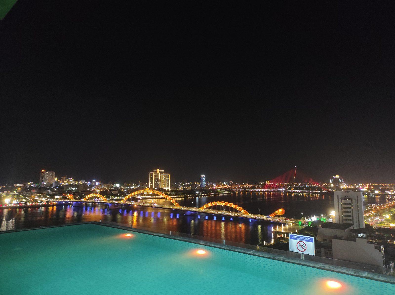 The Dragon Bridge illuminated at night in Da Nang, Vietnam