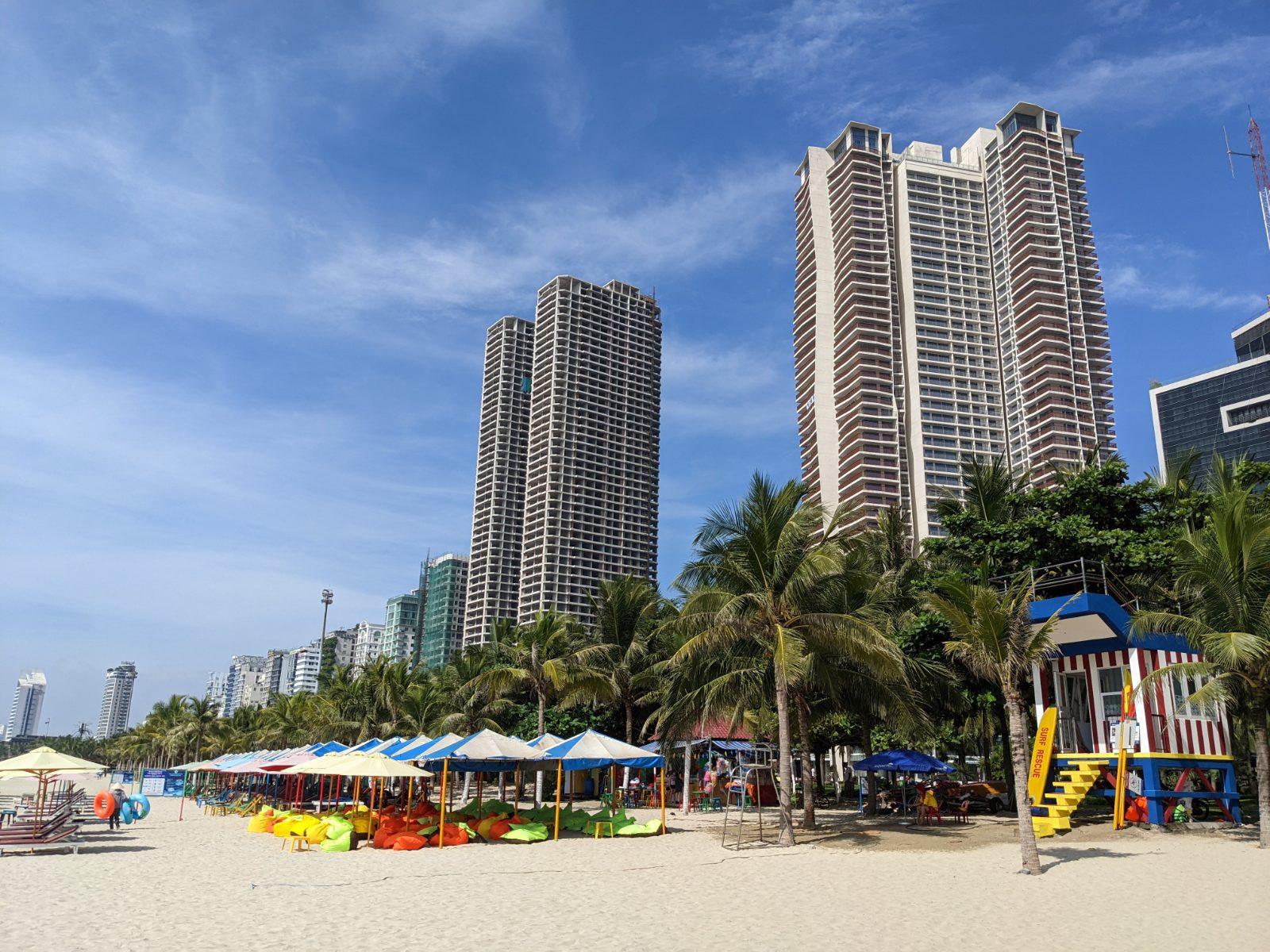 Beachfront hotel highrises along My Khe Beach in Da Nang