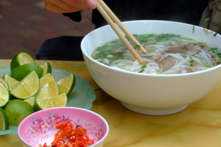 A bowl of pho bo, Vietnamese beef noodle soup, in Hanoi
