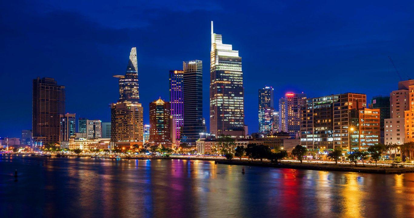 Ho Chi Minh City skyline lit up at night
