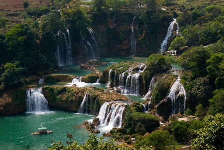 Wide view of the multi-tiered Ban Gioc Waterfall on the Vietnam-China border