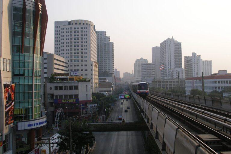 Bangkok skyline at sunset with the BTS Skytrain