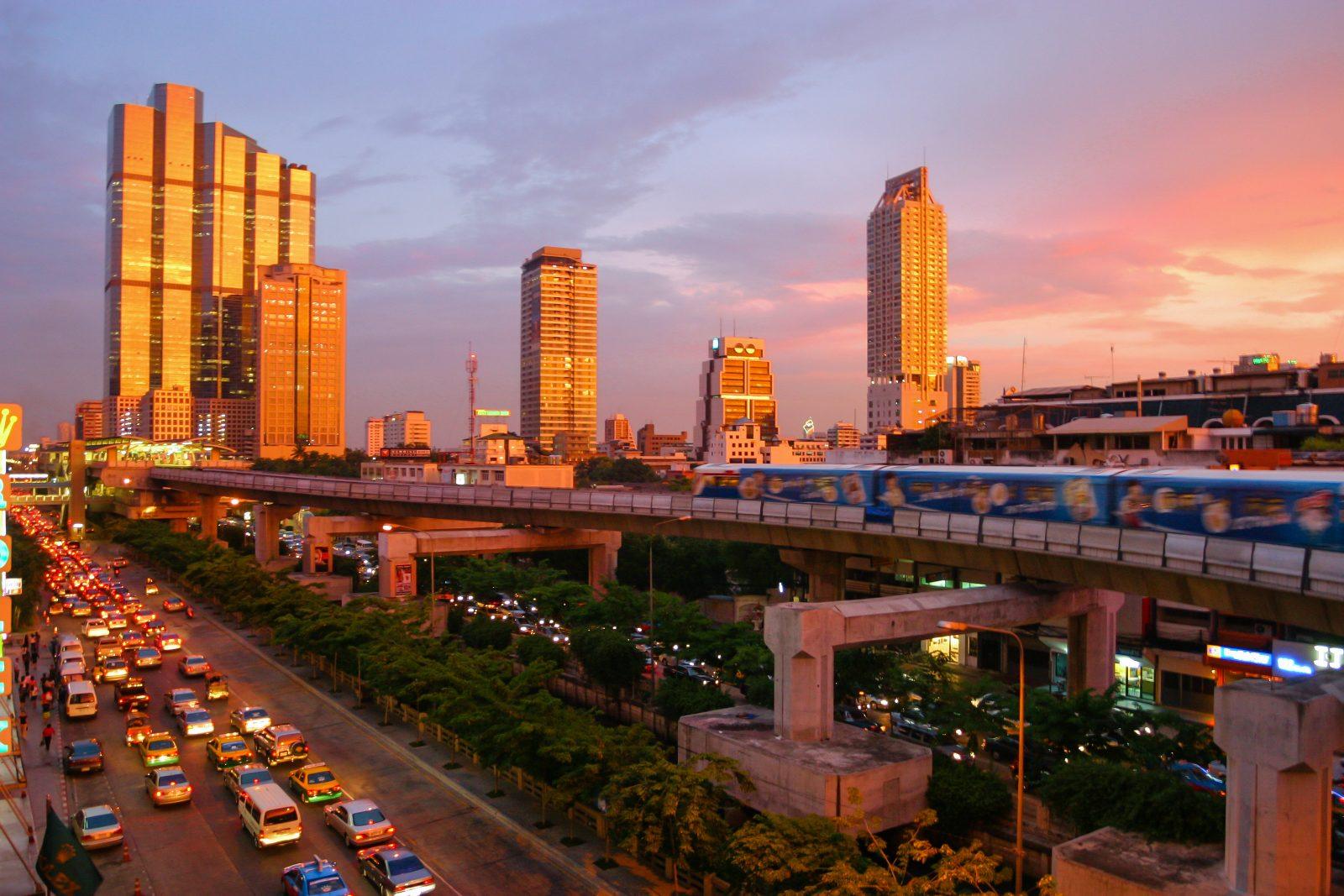 The Bangkok BTS Skytrain elevated tracks at sunset