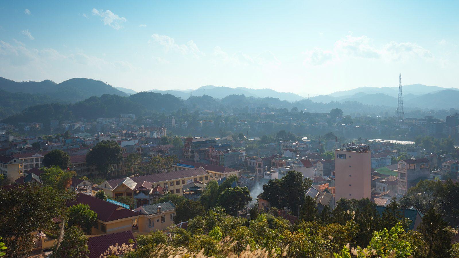 A hillside view over Cao Bang city and the surrounding mountains