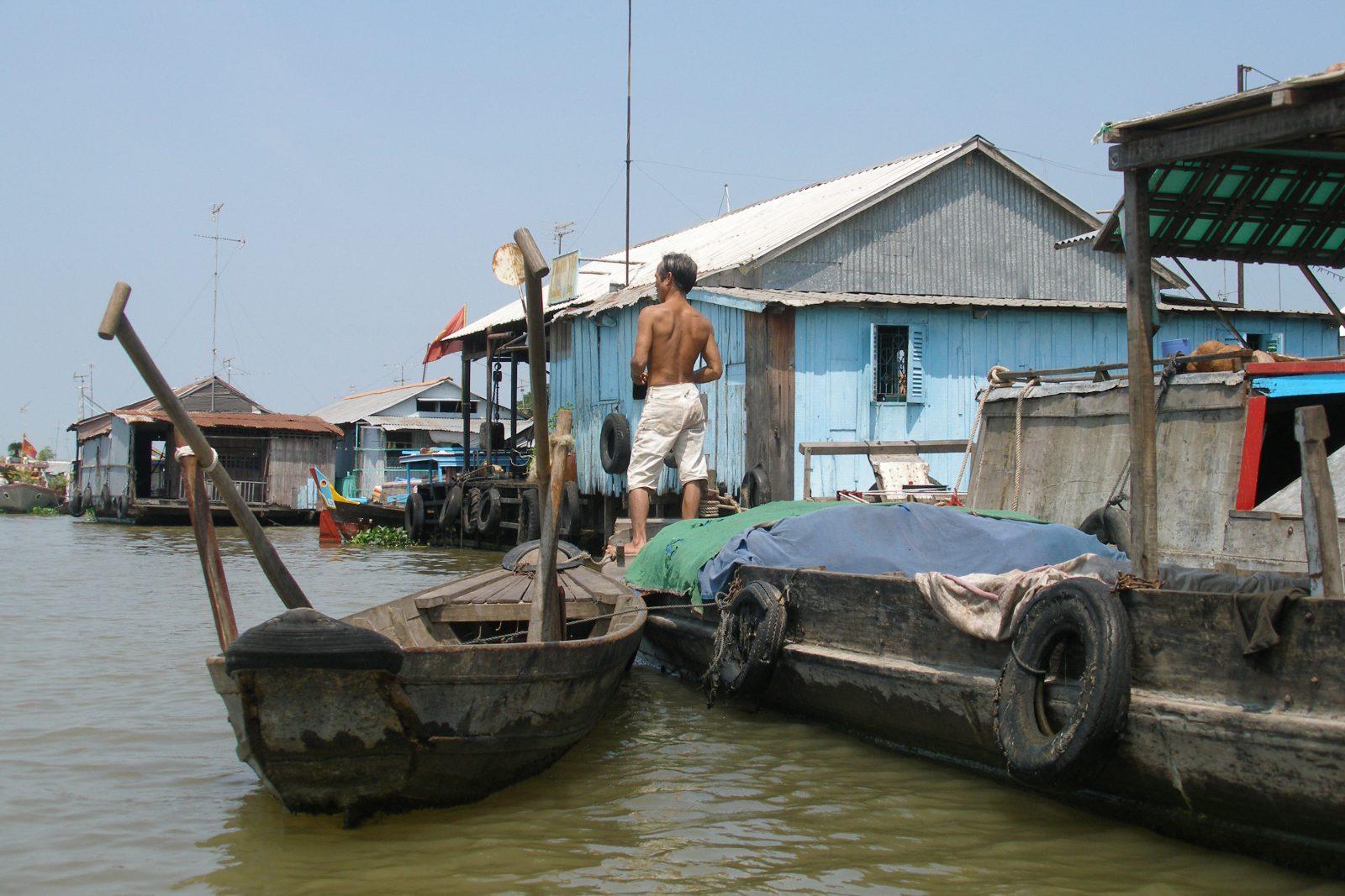 Houses on the Bassac River near Chau Doc, Vietnam
