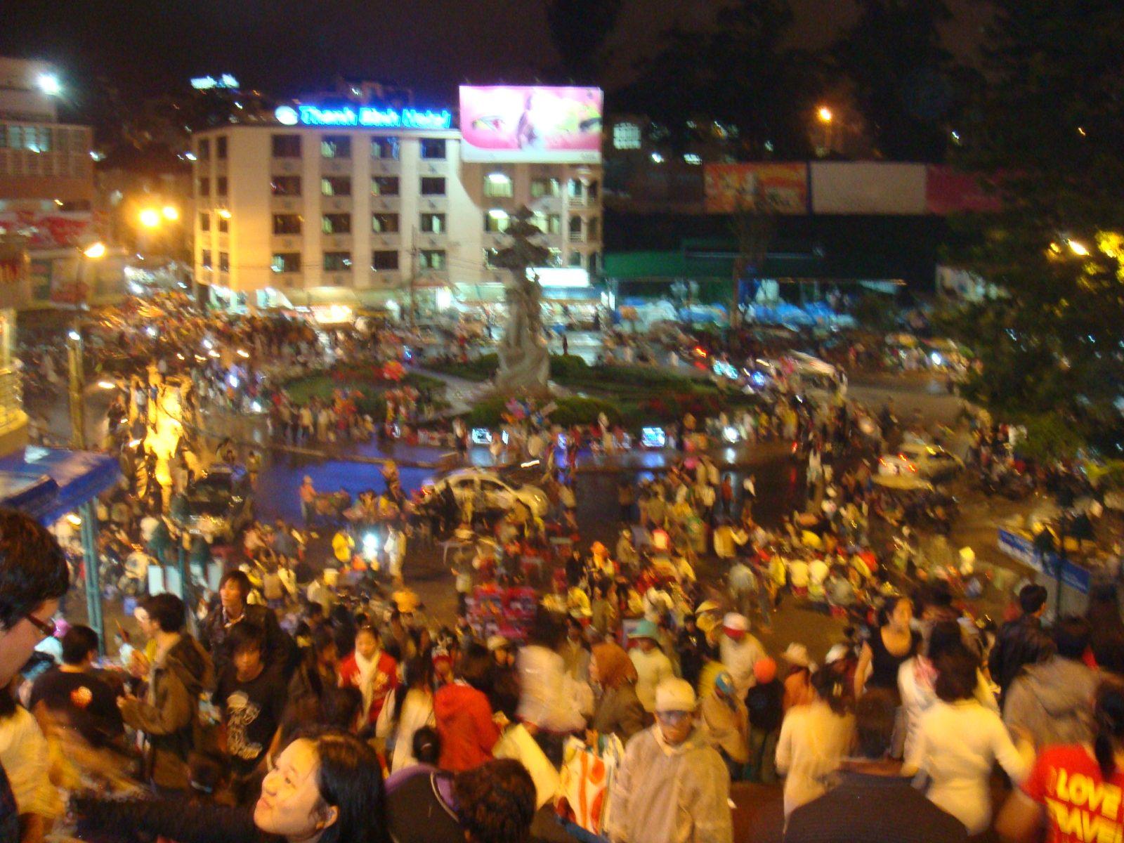 The bustling Da Lat night market in the city center at night