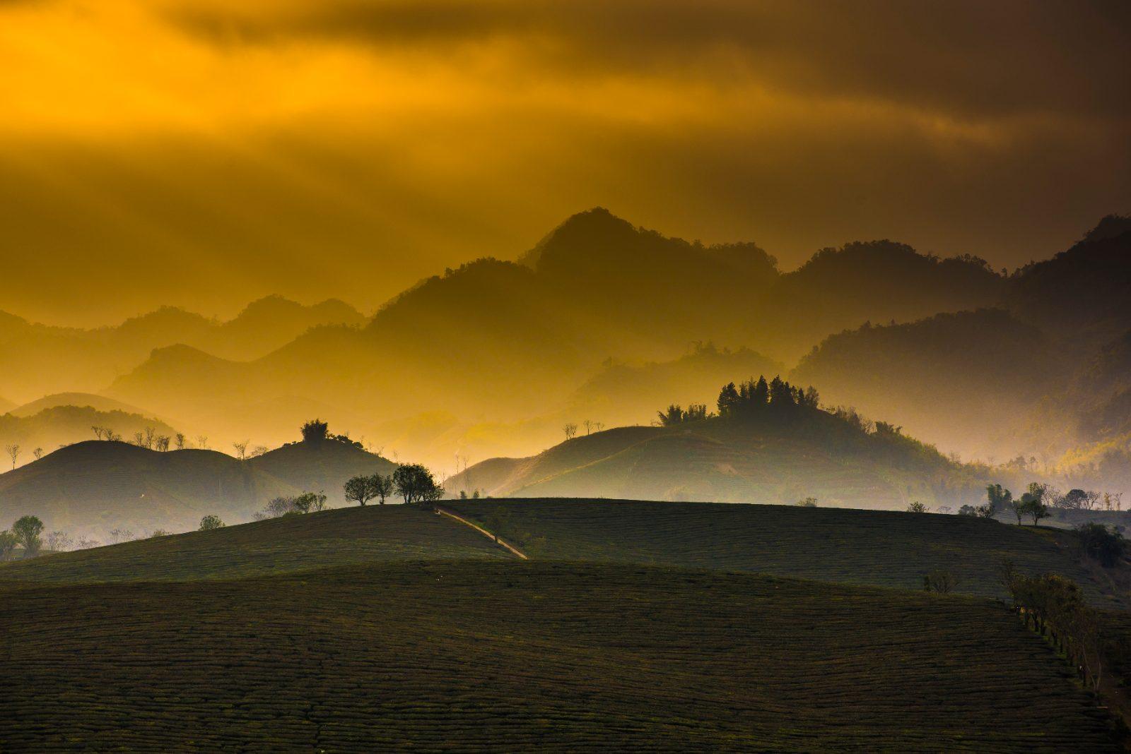 Rolling farmland and hills of the Moc Chau plateau, Son La province, Vietnam