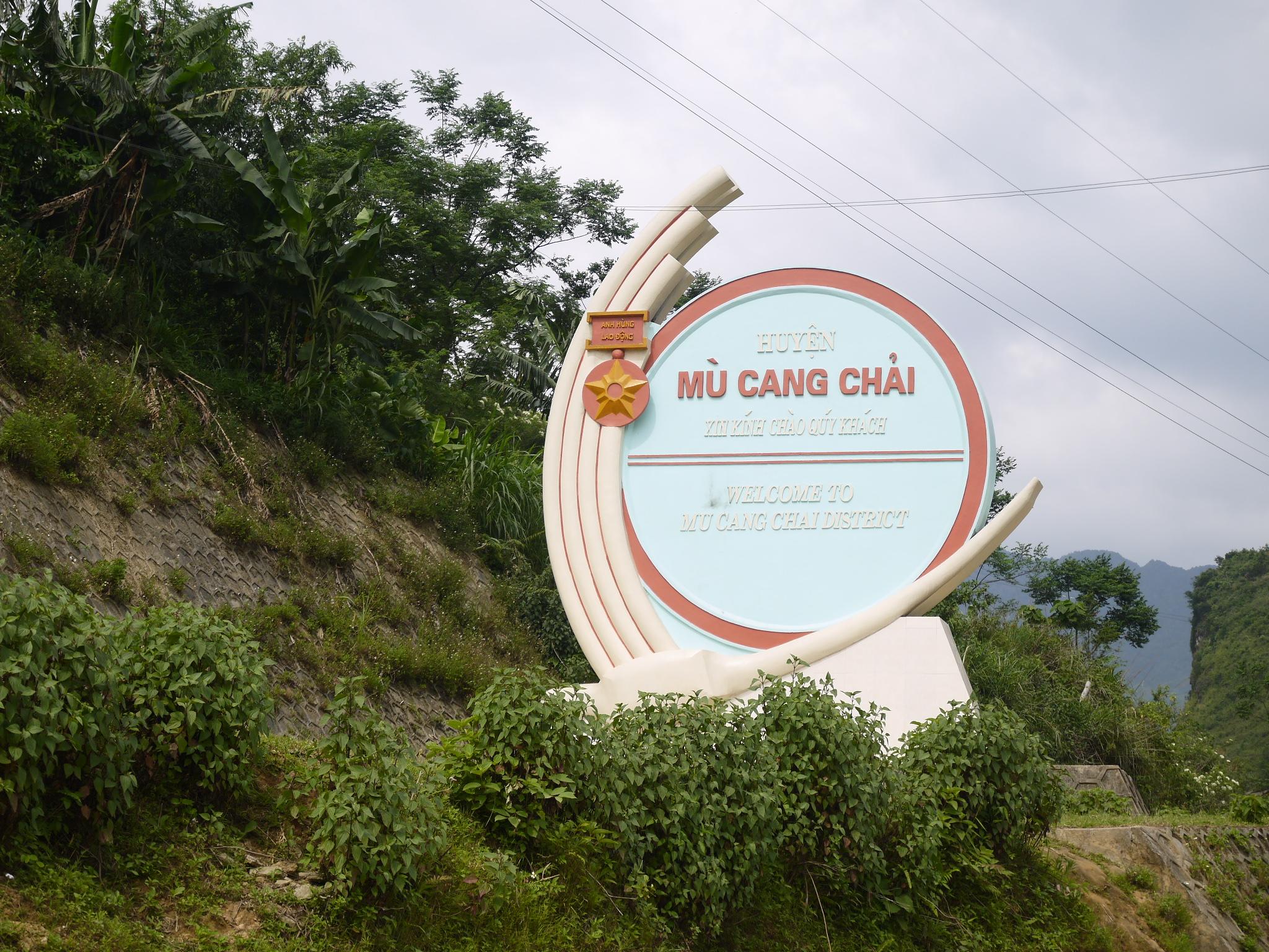 Welcome sign at the entrance to Mu Cang Chai district on the road from Nghia Lo