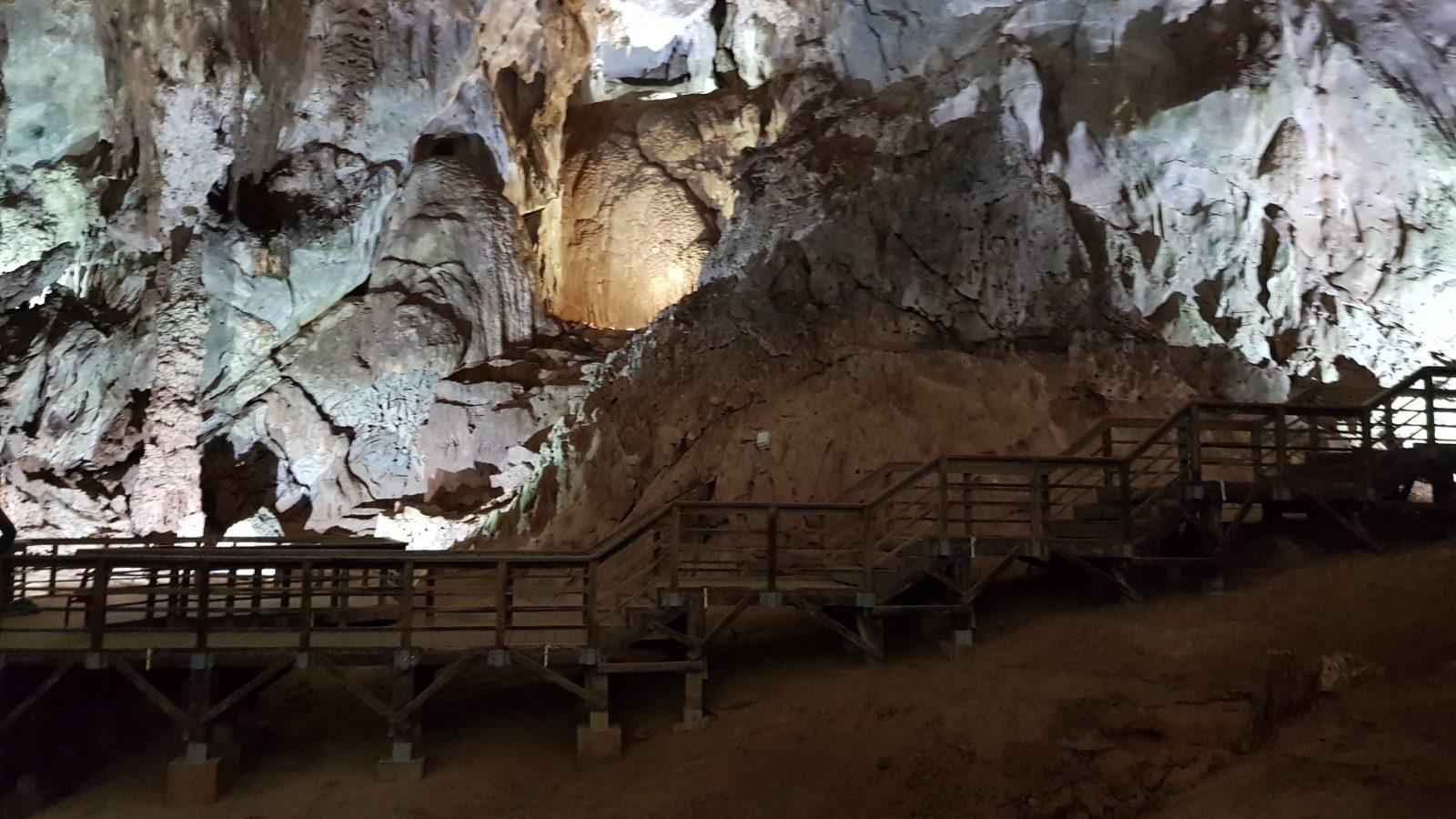 Wooden walkway inside one of the caves near Phong Nha