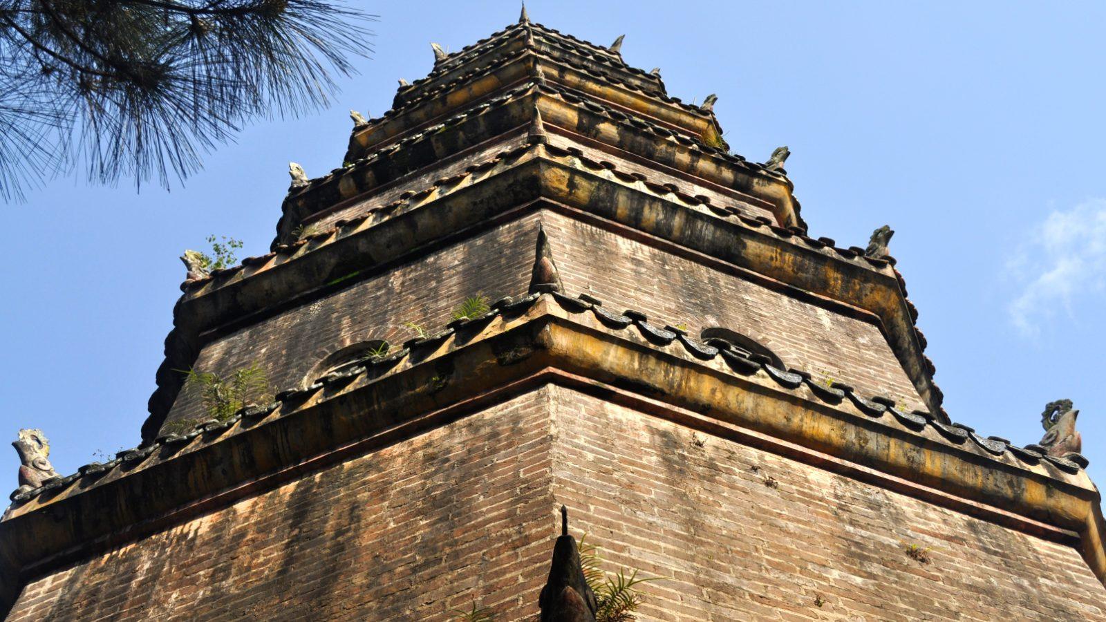 Phuoc Duyen tower at Thien Mu Pagoda overlooking the Perfume River in Hue, Vietnam