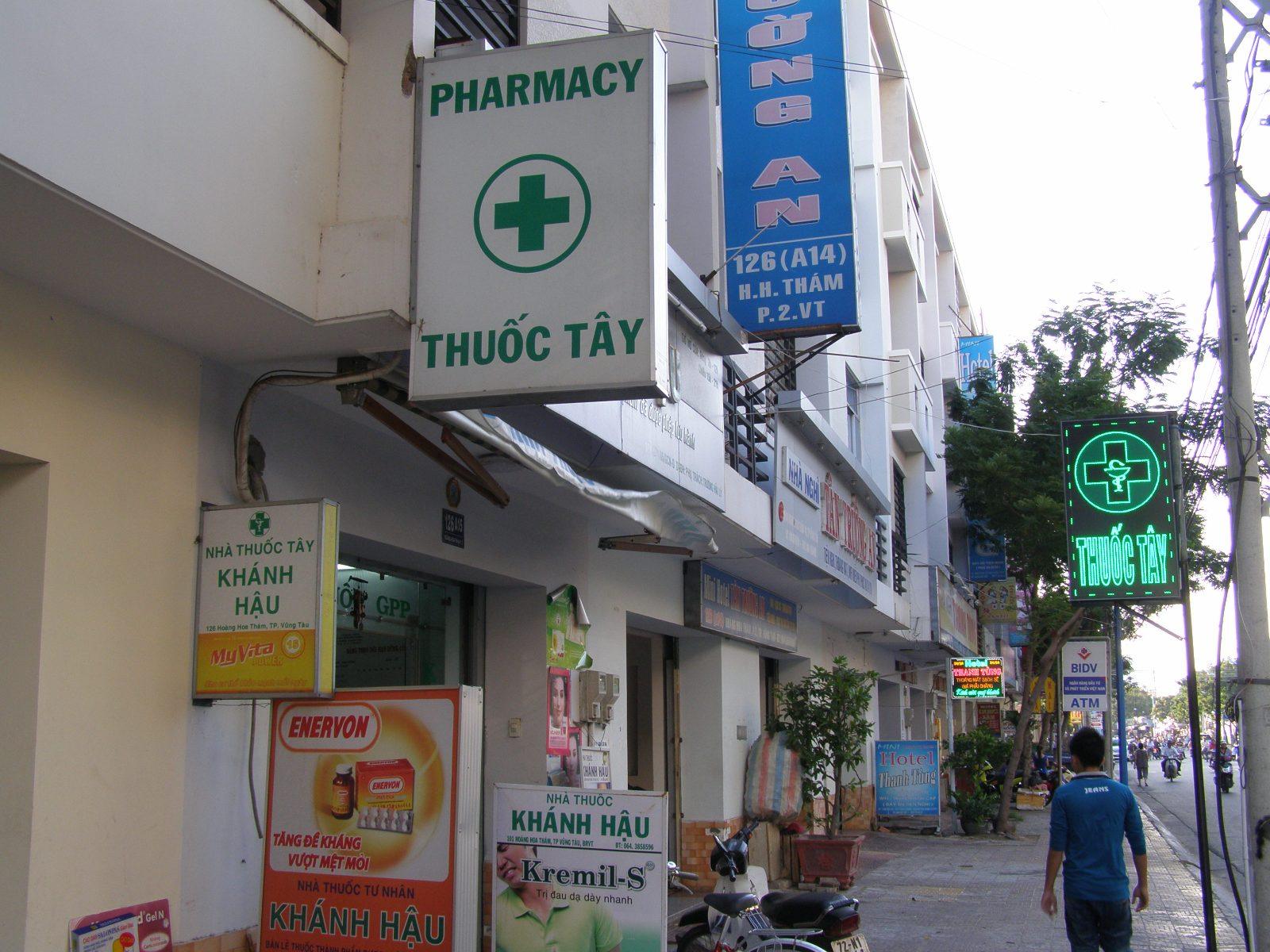 A pharmacy storefront sign in Vung Tau, Vietnam